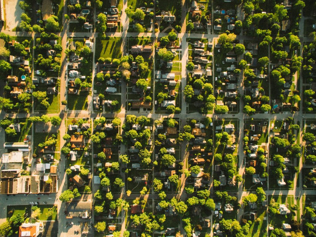 Aerial view of suburban homes, illustrative image