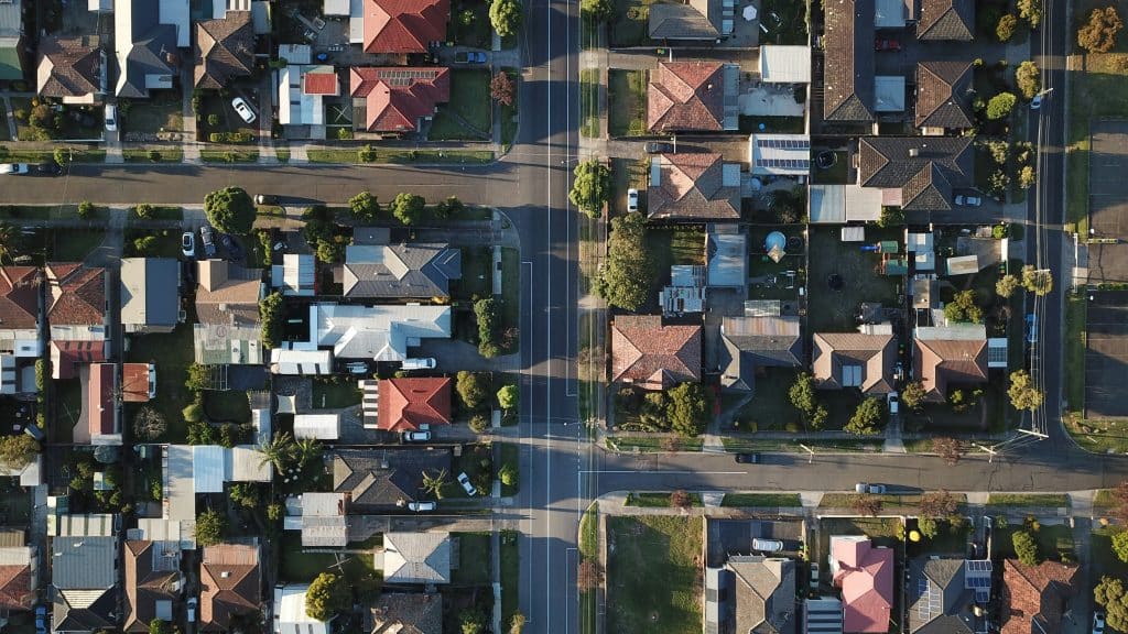 Aerial view of a residential neighborhood, illustrative image for U.S. home-price trends