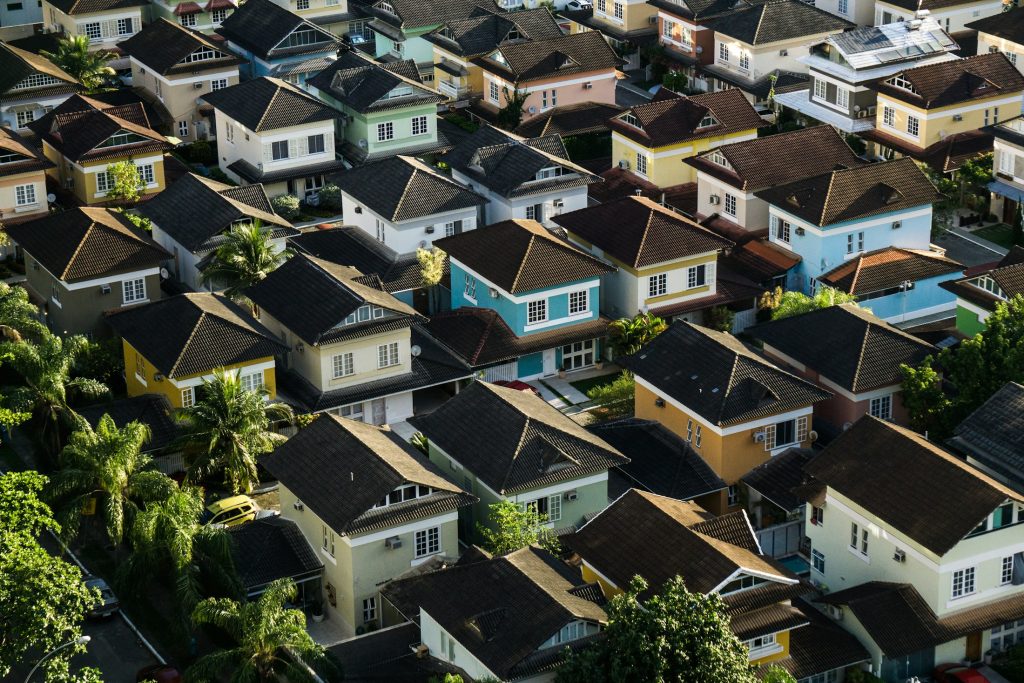 Aerial neighborhood homes illustrating housing finance