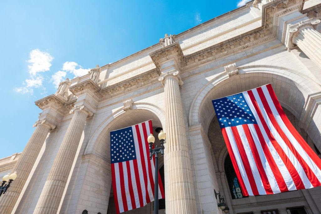 American flags in Washington DC, illustrative image for federal housing policy